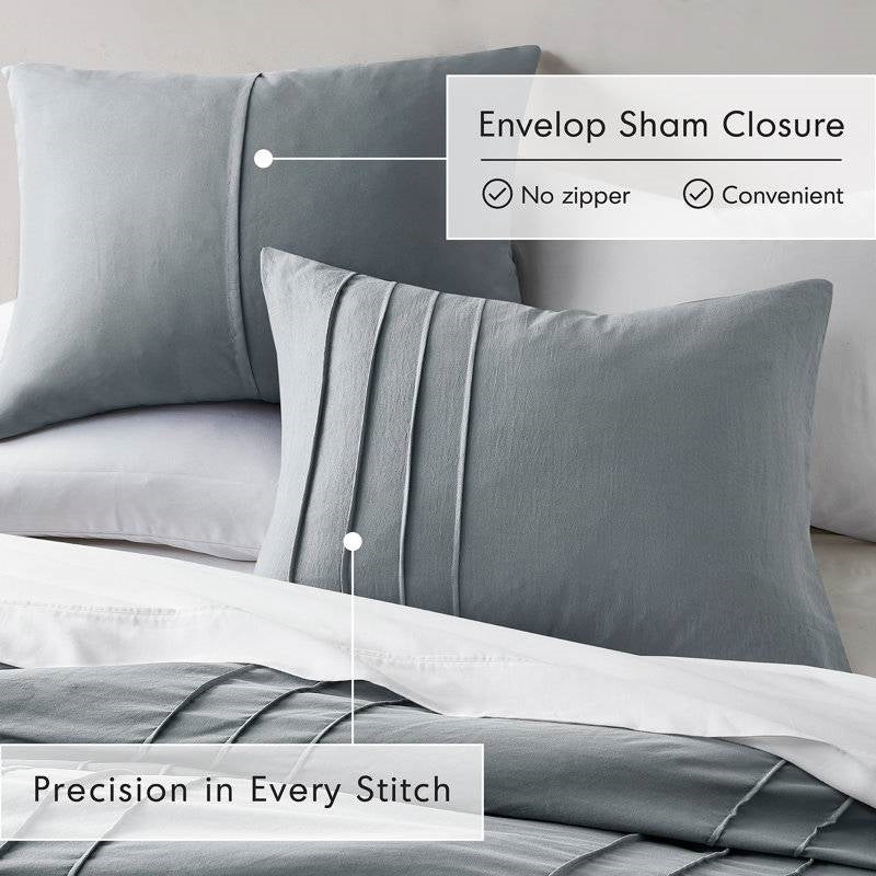 Full/Queen size Pleated Pre-Washed Microfiber Comforter Set in Blue Grey-2