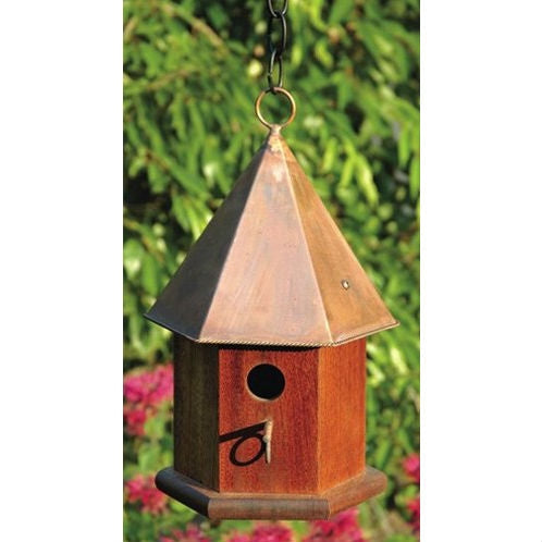 Solid Mahogany Wood Songbird Birdhouse with Shiny Copper Roof-0