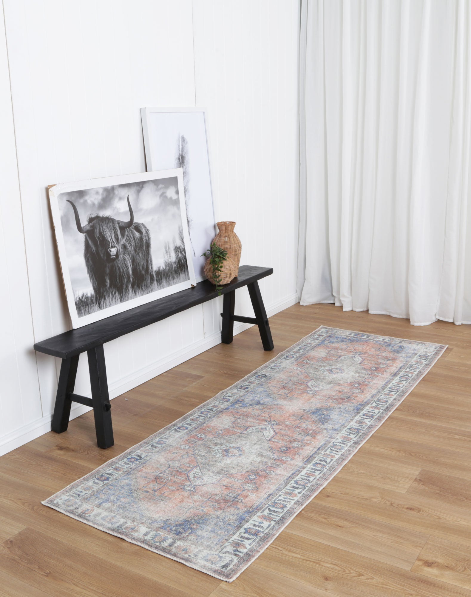 Distressed Vintage Pissarro Terracotta in Grey & Beige : Runner Rug-1