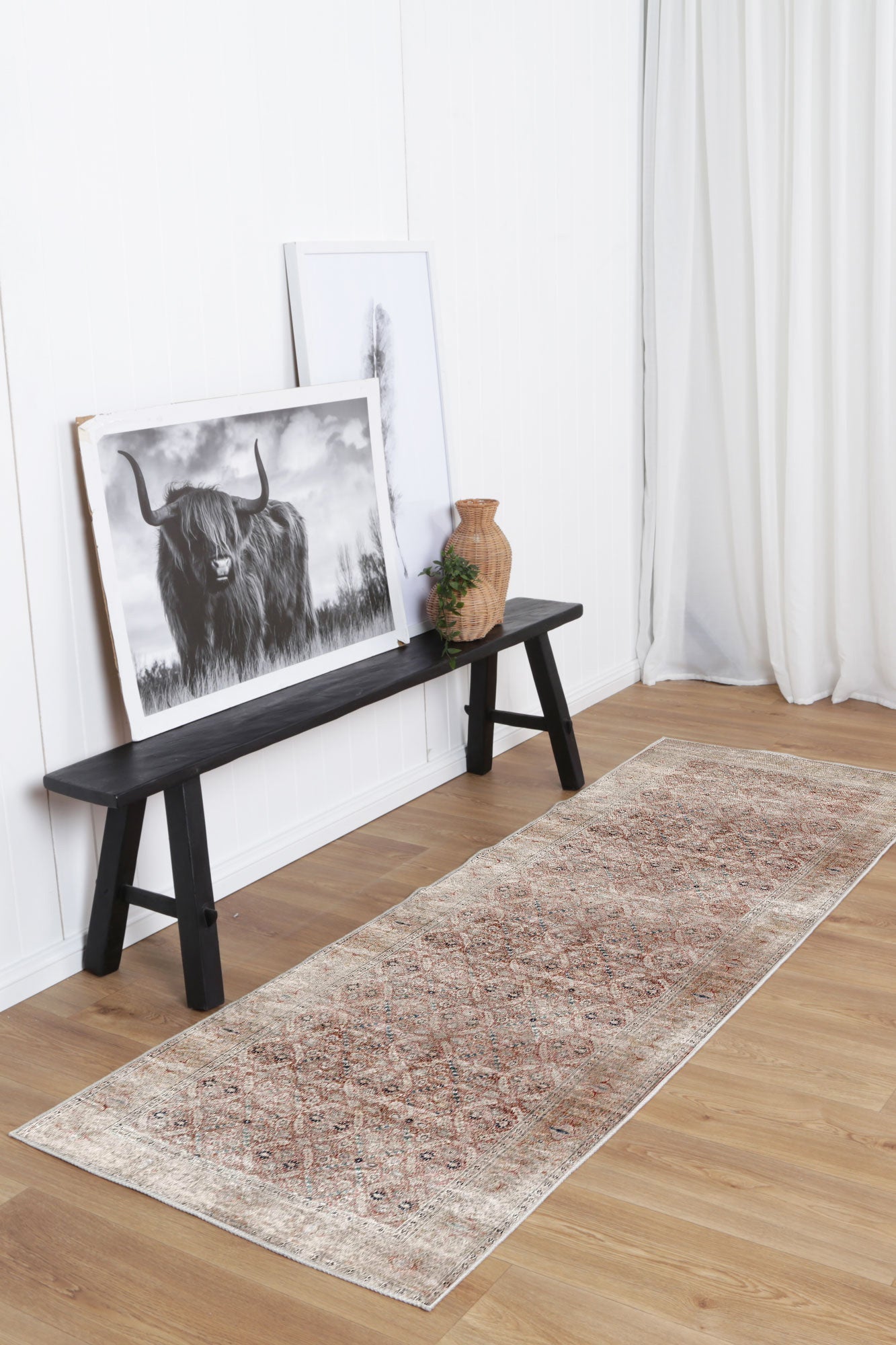 Distressed Vintage Levent in Beige : Runner Rug-1