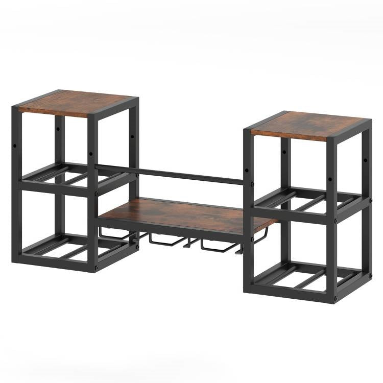 Industrial Wood Metal Wall Mounted Wine Rack Shelf with Glass Holders-1