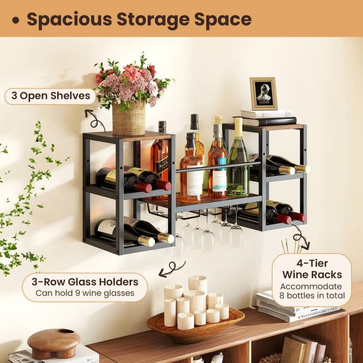 Industrial Wood Metal Wall Mounted Wine Rack Shelf with Glass Holders-3