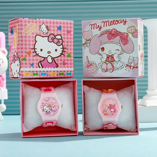 Two cartoon-themed children's watches in their packaging with character designs on a light blue background.
