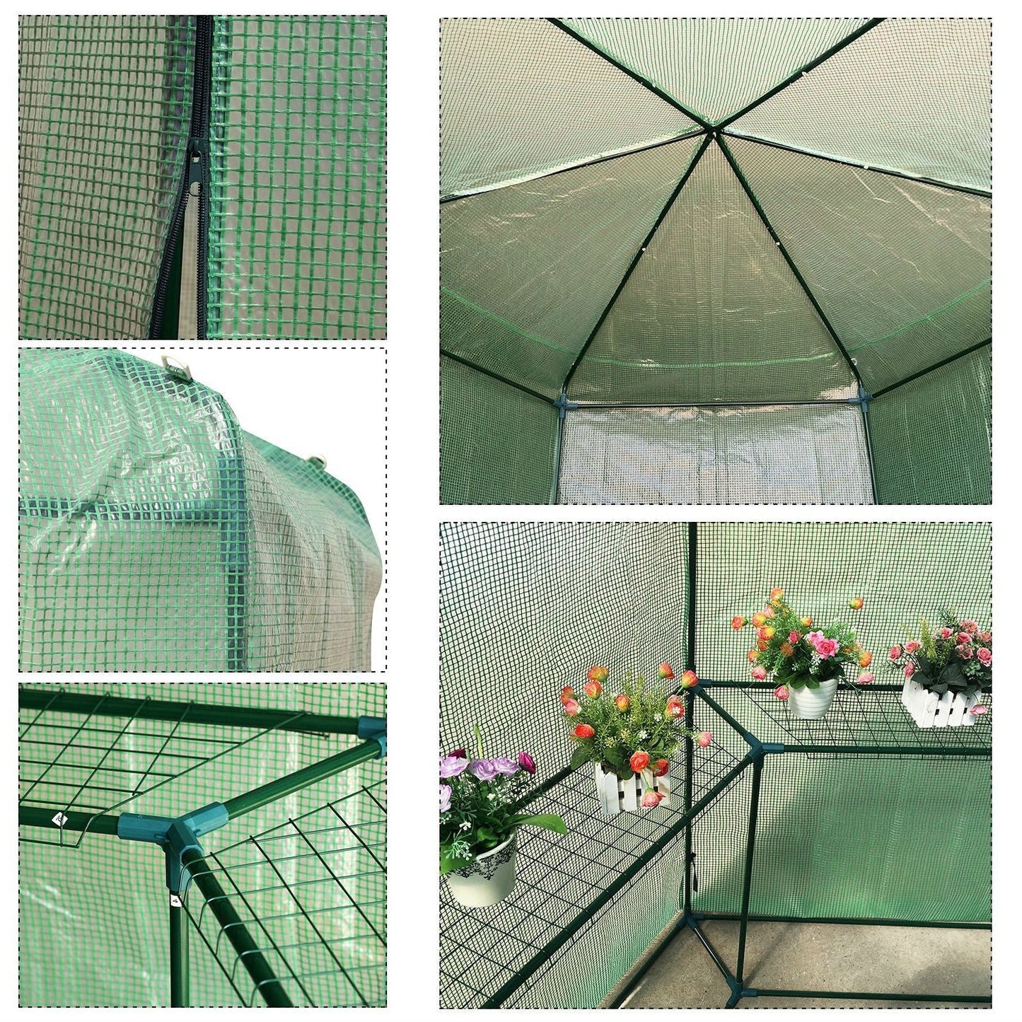 Outdoor Hexagon Greenhouse 6.5 x 7 Ft with Steel Frame PE Cover and Shelves-3