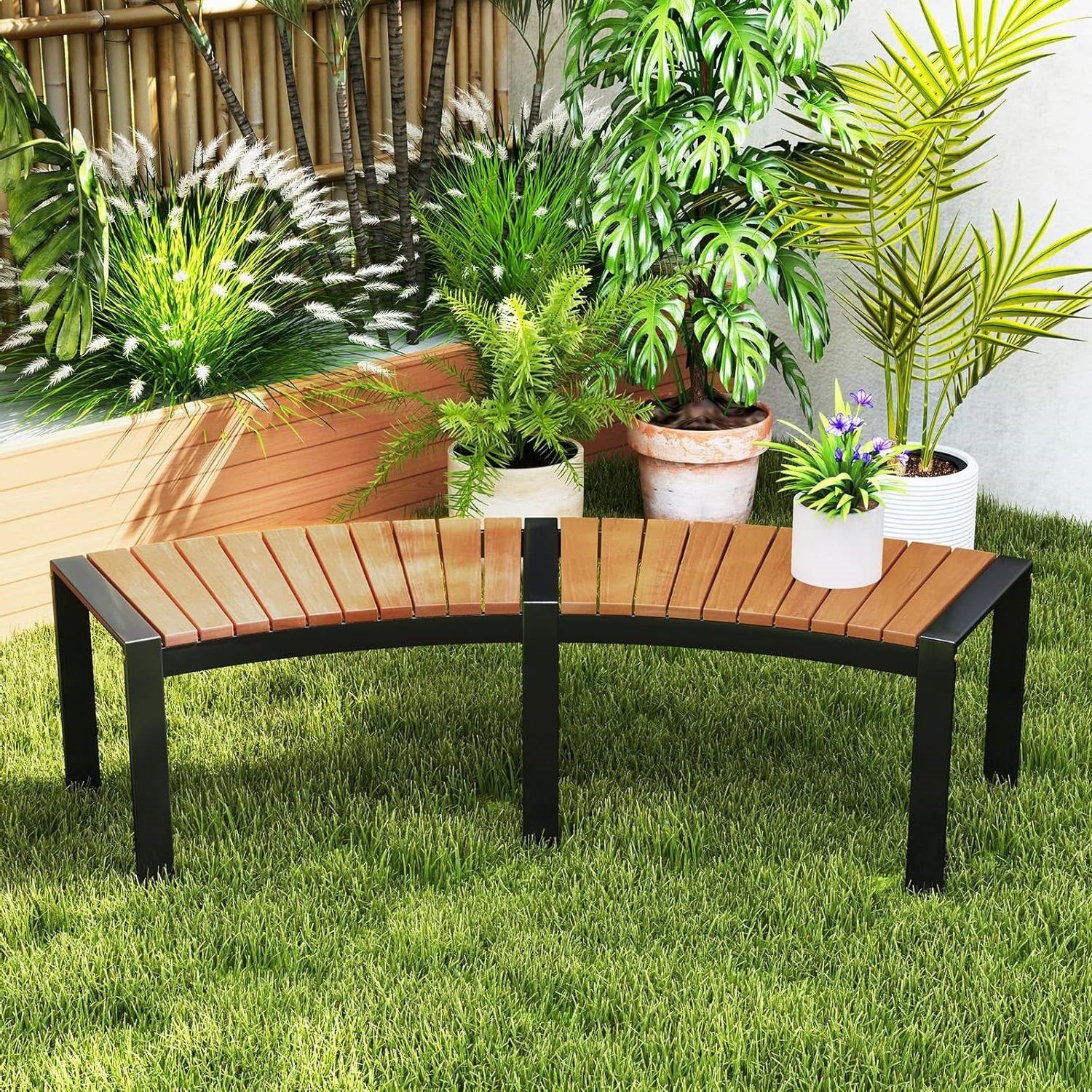 Outdoor Metal Frame Wood Slat Backless Garden Bench with Modern Arch Design-1
