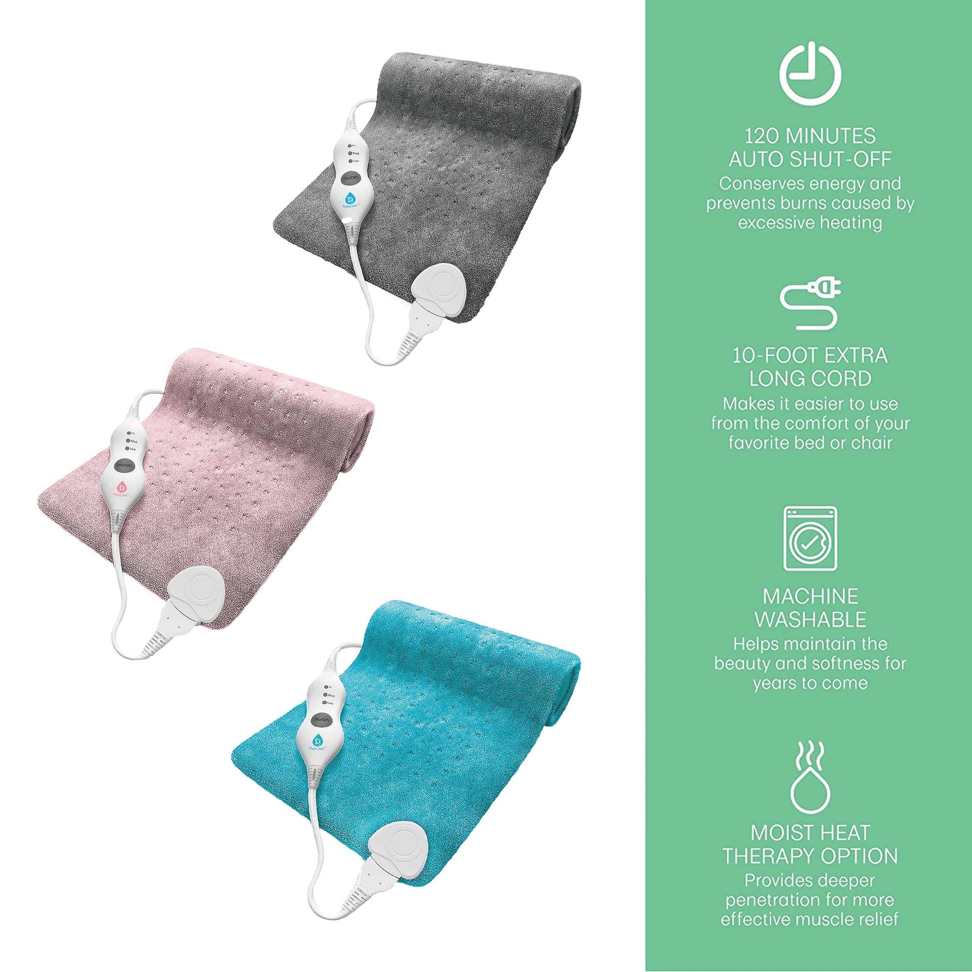 Pursonic Comfort Trio Heating Pad Set – Teal, Pink & Gray-1