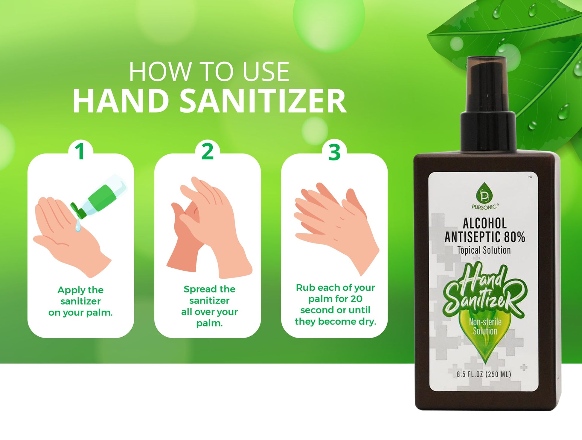 Pursonic Moisturizing Hand Sanitizer 80% Alcohol (8oz)-3