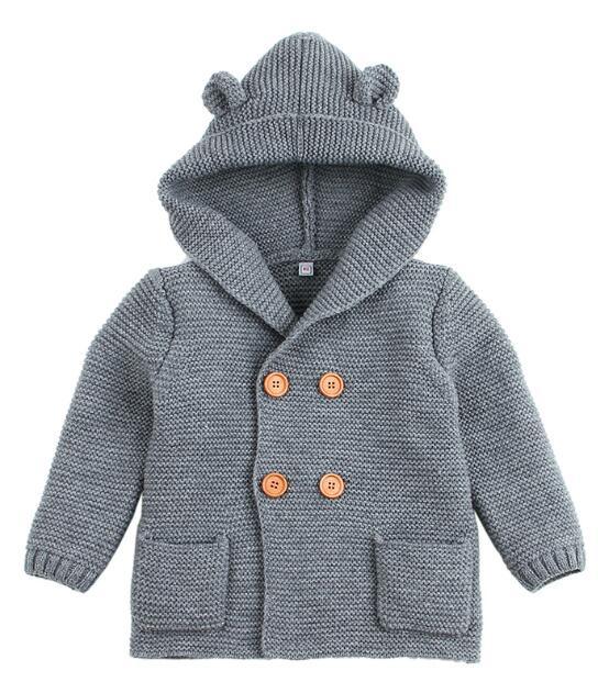 Gray knitted baby coat with brown buttons on a white background