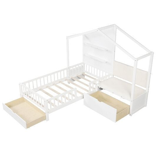 Twin Size House Bed Kids Platform Bed with Padded Bench-White-0