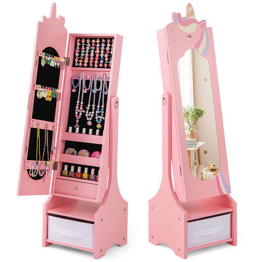 Kids Jewelry Armoire Cabinet with Storage and 2 Tilt Angles-Pink-9