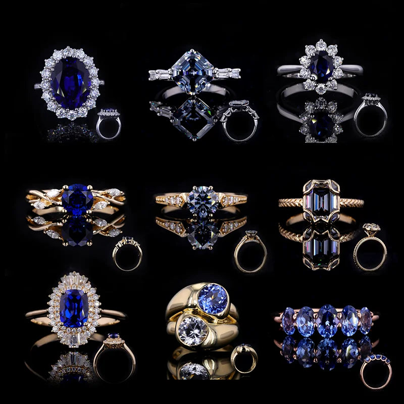 Lab Grown Gemstone Jewelry Inlay Blue Sapphire Stone 22/10k 18k 14k Gold Ring Diamond Yellow Gold for Wedding Party Appointment.