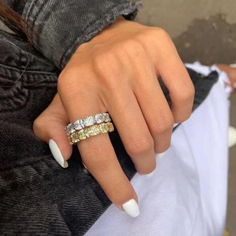 Eternity Cushion cut 4mm Zircon Ring Real 925 sterling silver Engagement Wedding Band Rings for women Bridal Party Jewelry