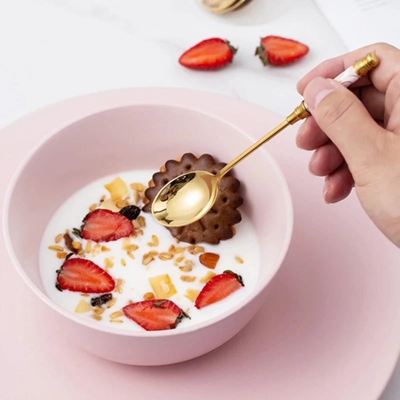 Stainless Steel Dessert Spoon Ceramic Long Handle Icecream Spoon Teaspoon Gold Coffee Cake Fruit Milk Spoon Kitchen Tableware