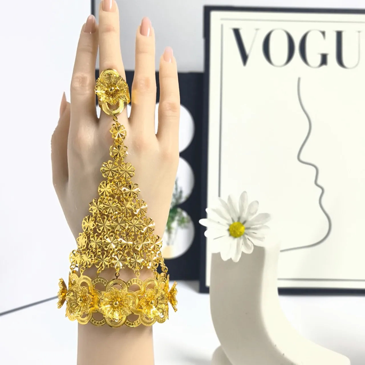 Wholesale Dubai 24K Gold Plated Hand Back Chain | One-piece Flower Bracelet Ring Bridal Wedding Accessories for Women