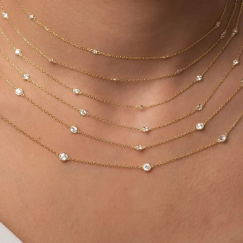 14k Gold 0.35 - 2 CT Diamond by the Yard Necklace Birthday Gift Diamond Station Necklace