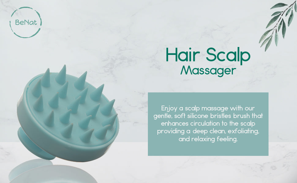 Hair Scalp Massager with text on a light gray background. Hair Scalp Massager - BeNat