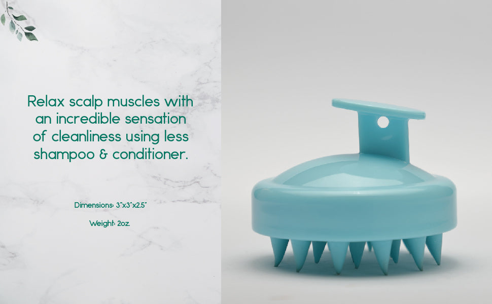 Turquoise scalp massager with text on a light gray background. Hair Scalp Massager - BeNat