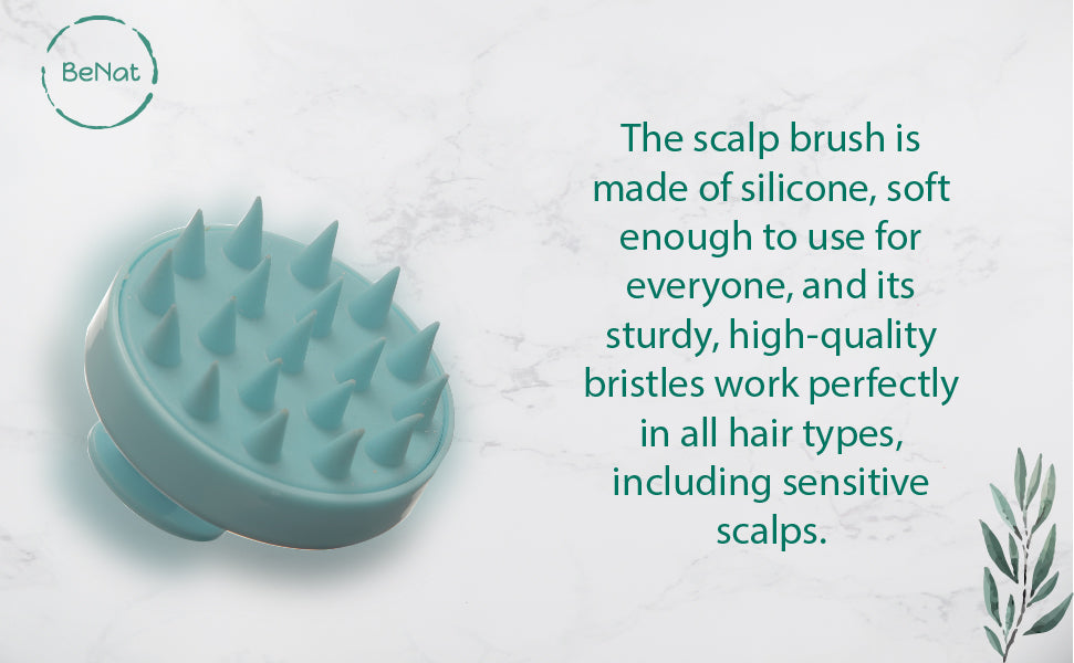 Silicone scalp brush with text about its features on a light background