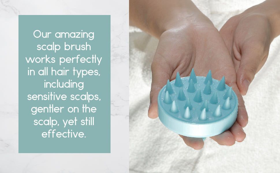 Scalp brush held by hands with promotional text on a light background. Hair Scalp Massager - BeNat