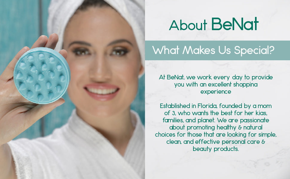 Woman holding a blue product with text about BeNat on the right side. Hair Scalp Massager - BeNat 6