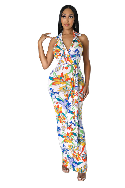 Flower Pattern Halter Maxi Dress
