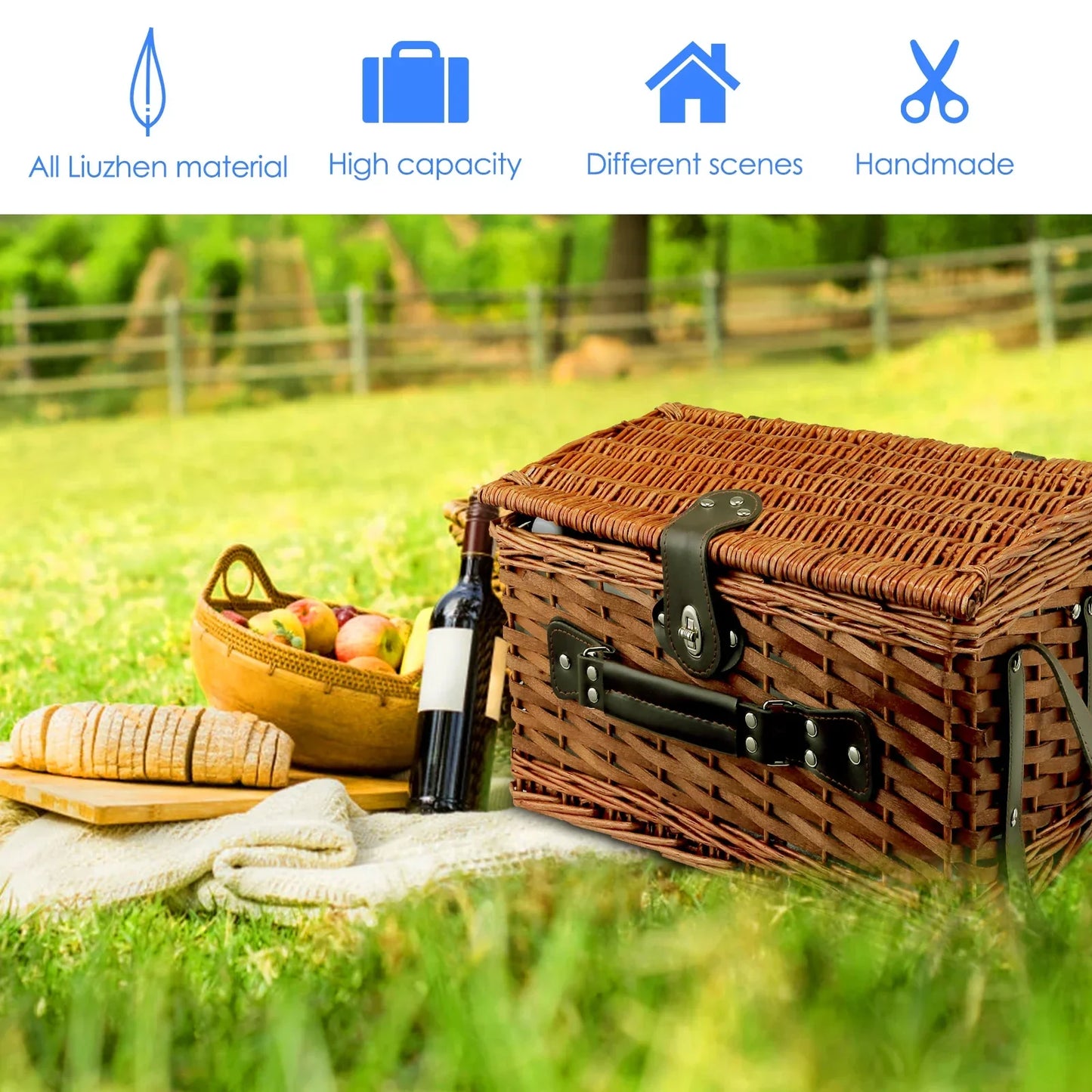 Handmade Wicker Picnic Basket with Blanket (4 sets)-4