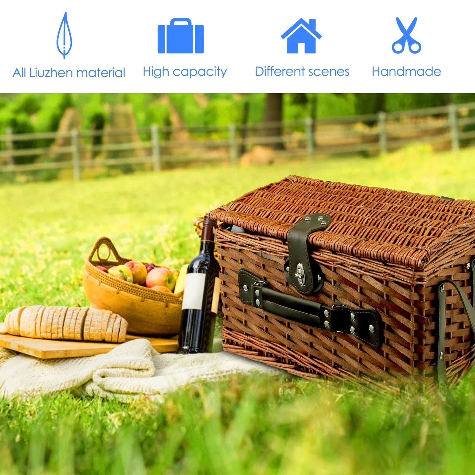 Handmade Wicker Picnic Basket with Blanket (4 sets)-4