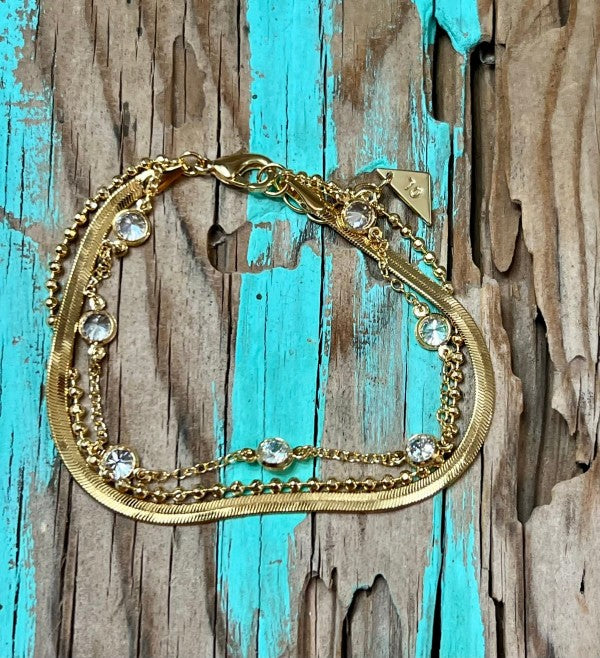 Handmade 14K Gold Tri-Bracelet with CZ stones real solid gold with cubic zirconia stones