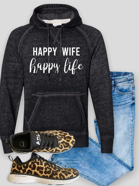 Dark gray hoodie with 'Happy Wife Happy Life' text, leopard print shoes, and blue jeans on a light gray background