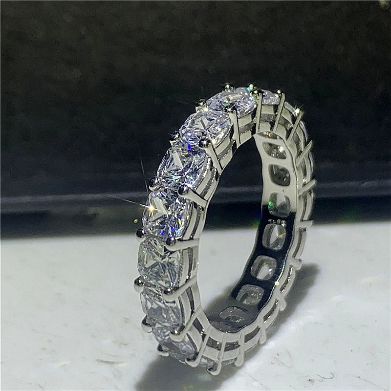 Eternity Cushion cut 4mm Zircon Ring Real 925 sterling silver Engagement Wedding Band Rings for women Bridal Party Jewelry