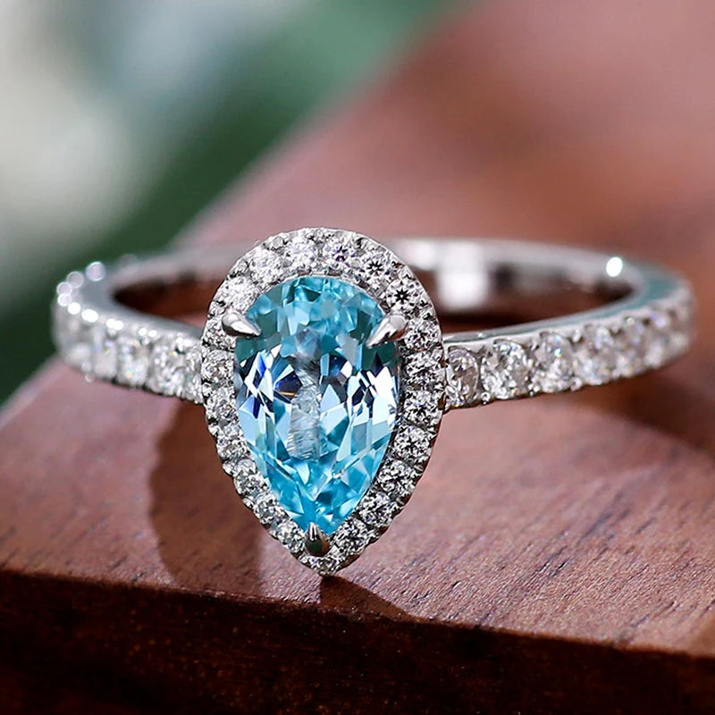 Solitaire Classic Design 18K Solid Gold Lab Grown Blue Diamond Ring Pear Cut IGI Certified Passes Diamond Tester Women's Jewelry
