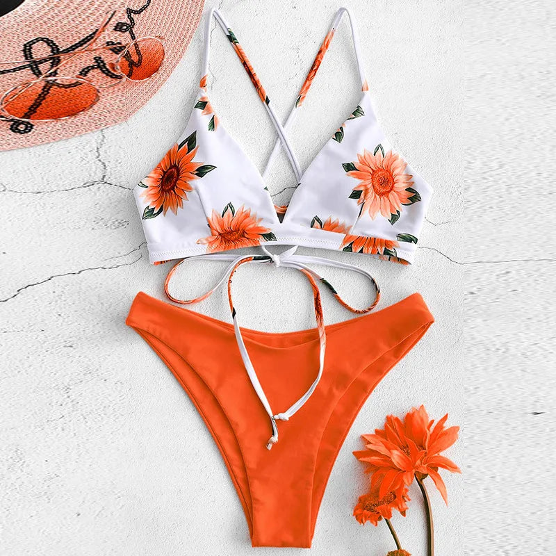 Sunflower Printed Bikini Set Sexy Swimwear Women 2021 Mujer Push Up Padded Biquini Bathers Bandage Bathing Suit Swimsuit Bikini