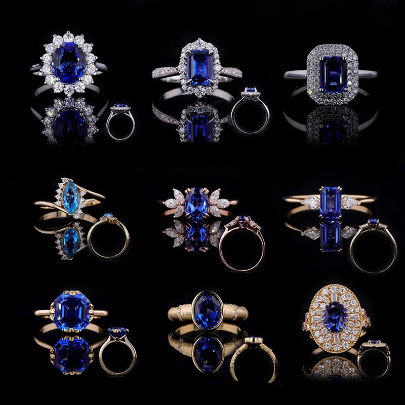 Lab Grown Gemstone Jewelry Inlay Blue Sapphire Stone 22/10k 18k 14k Gold Ring Diamond Yellow Gold for Wedding Party Appointment.