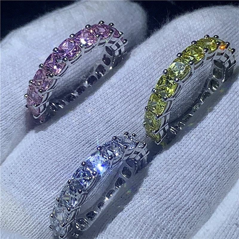 Eternity Cushion cut 4mm Zircon Ring Real 925 sterling silver Engagement Wedding Band Rings for women Bridal Party Jewelry