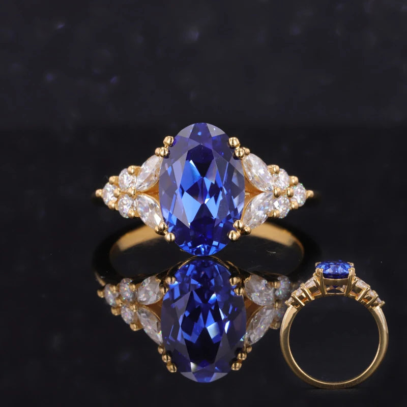 Lab Grown Gemstone Jewelry Inlay Blue Sapphire Stone 22/10k 18k 14k Gold Ring Diamond Yellow Gold for Wedding Party Appointment.