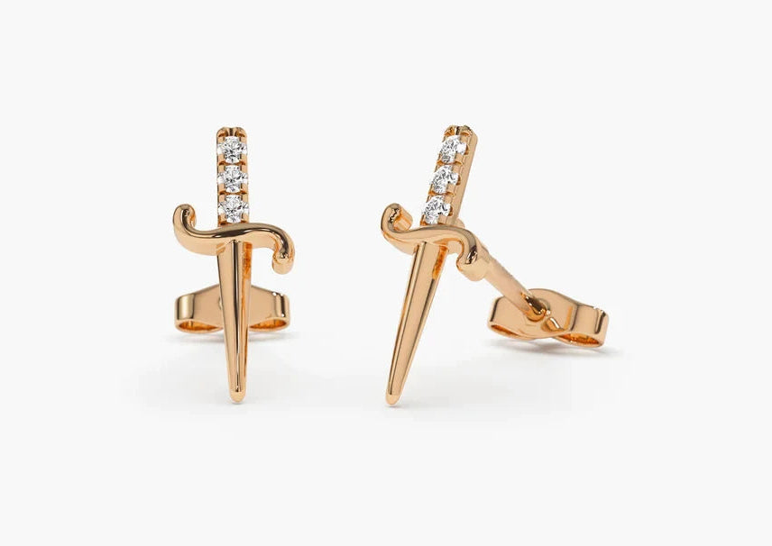 Simple 14K Solid Gold Jewelry - Mini Sword Diamond Earrings