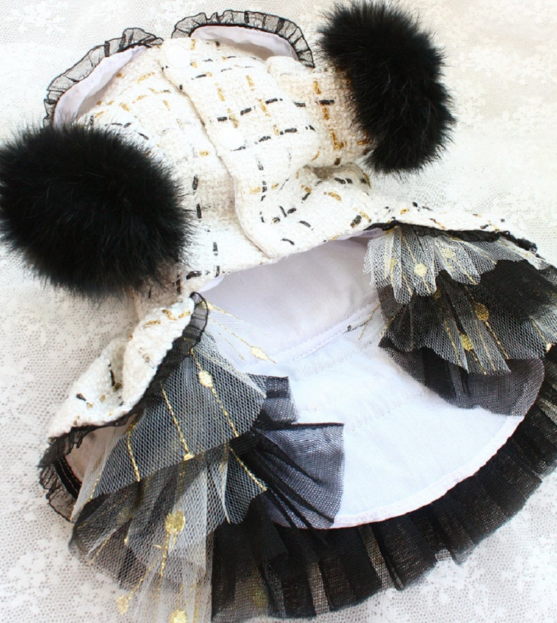 Handmade Luxury Tweed Dog Dress with Fur Trim | Designer Small Dog Coat Dress