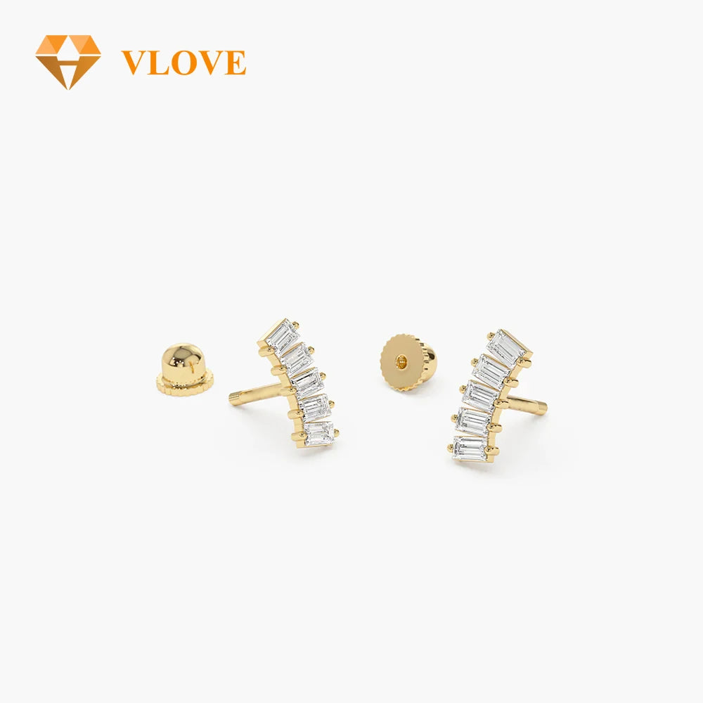 VLOVE Fashion Jewelry Wholesale 14K Gold Studs Back Cartilage Baguette Diamond Earrings Helix Piercing Earrings
