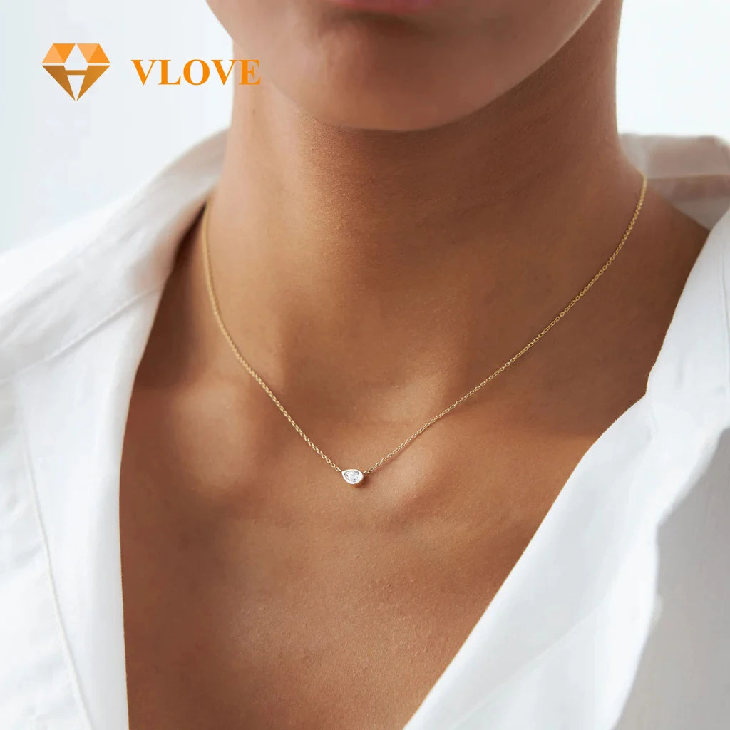 VLOVE Fine 14K Gold Jewelry Craftsmanship Pear Cut Gold Pendant 14K Horizontal Pear Shape Solitaire Diamond Necklace