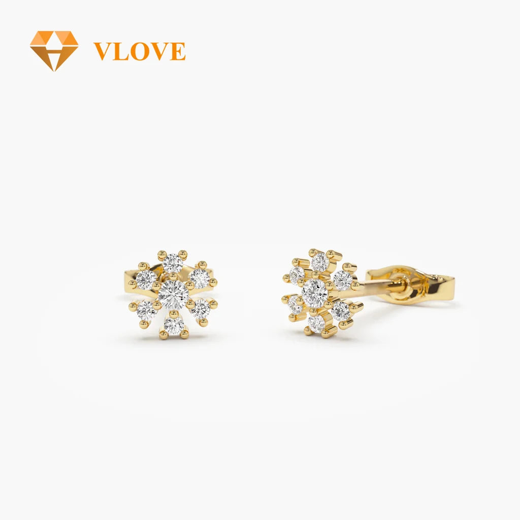 VLOVE High End Jewelry Manufacturer Artisan Petite 14K Gold Stud Earrings Flower Round Diamond Cut Earrings