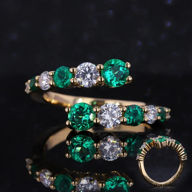 Starsgem DEF Moissanite Round Cut With Lab Grown Emerald Solid 14k Gold Ring Stack