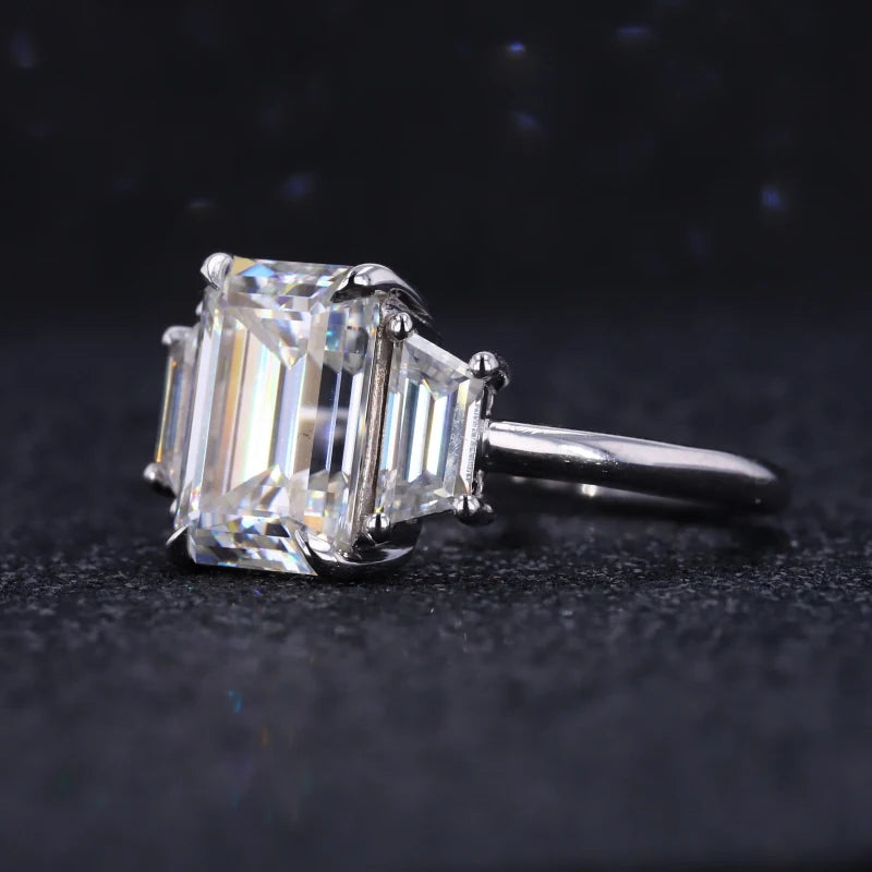 Starsgem Octagon Shape Emerald Cut 3 Stones DEF Moissanite Engagement Solid 14k Gold Wedding Rings