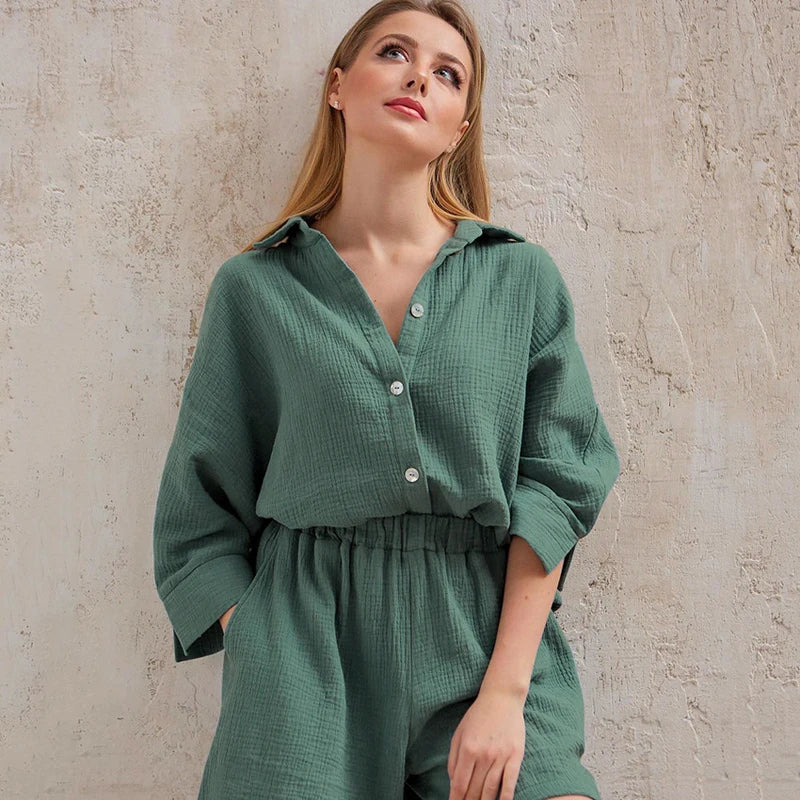 Women's Cotton Pajama Set Casual Collar Sleepwear Suit