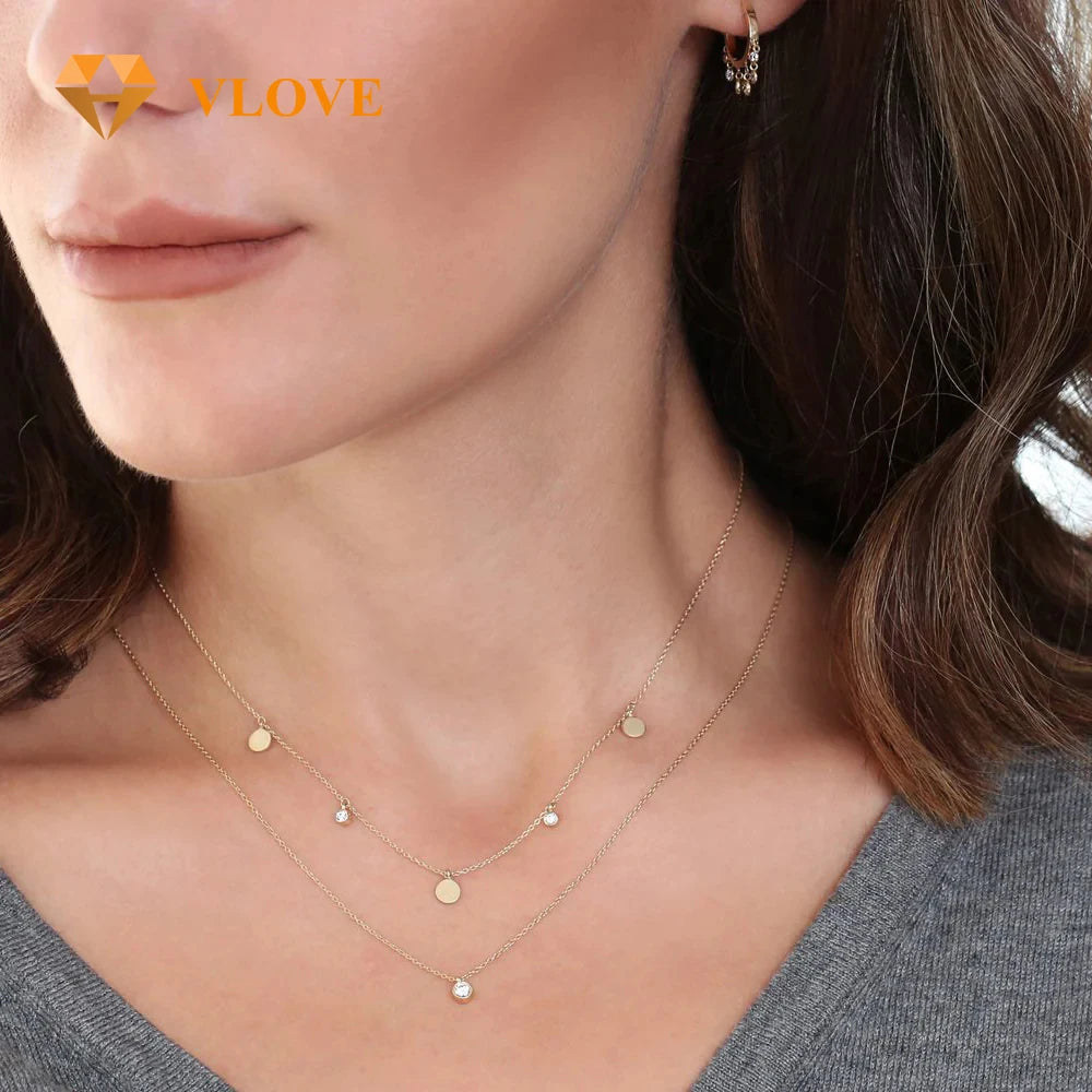 VLOVE Top Selling Jewelry Personalized Necklaces 14K Gold Dangling Diamond Disc Necklace