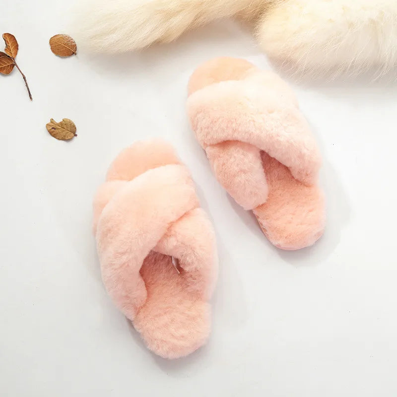 Plush Indoor Slippers Made of Real Wool - Natural Sheepskin Home Loungewear
