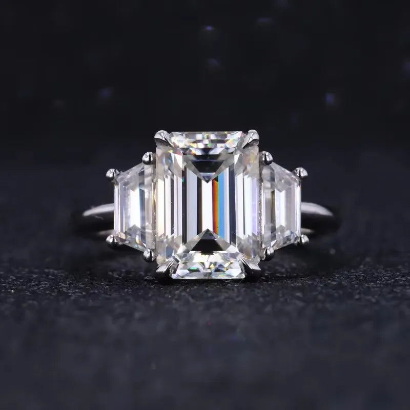 Starsgem Octagon Shape Emerald Cut 3 Stones DEF Moissanite Engagement Solid 14k Gold Wedding Rings