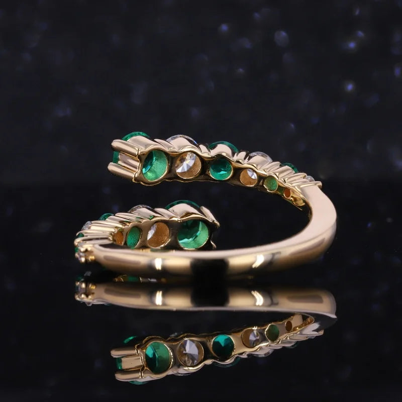 Starsgem DEF Moissanite Round Cut With Lab Grown Emerald Solid 14k Gold Ring Stack