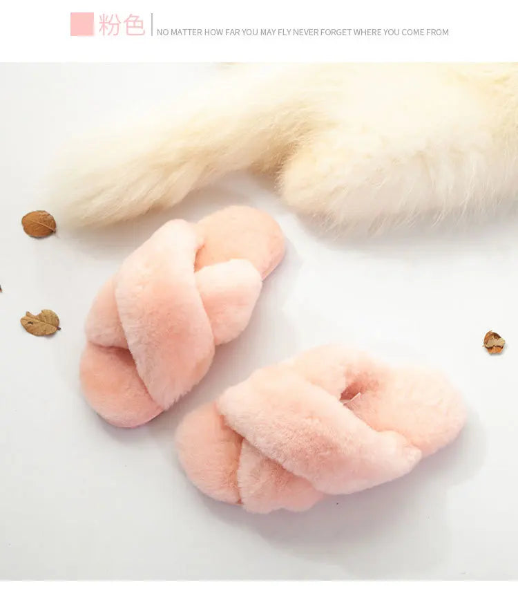 Plush Indoor Slippers Made of Real Wool - Natural Sheepskin Home Loungewear
