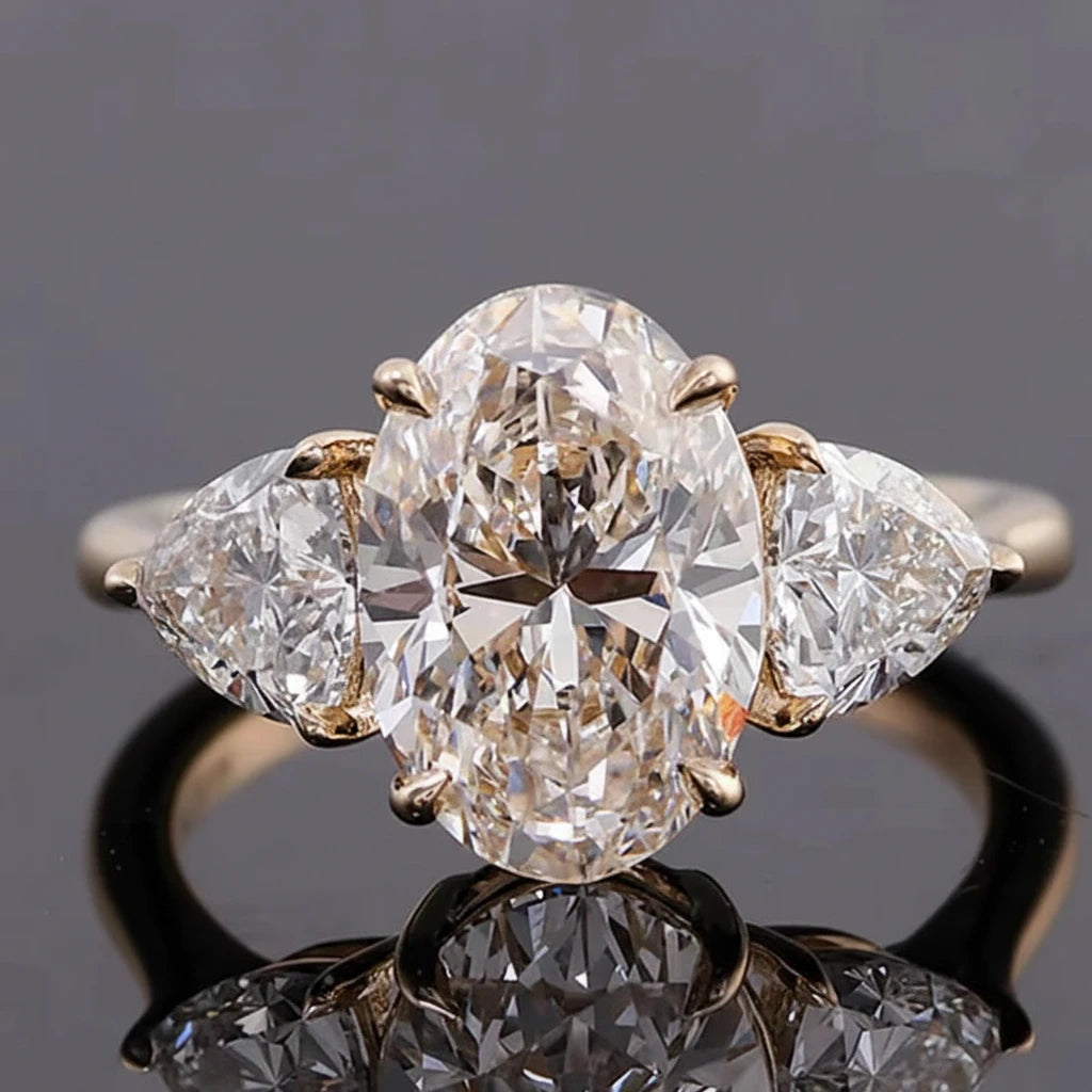 China Produce Custom Fine Jewelry 14K Gold 2.5CT Oval Cut Handmade Inlay Moissanite Ring 3 Stone  Engagement Ring Wedding Ring