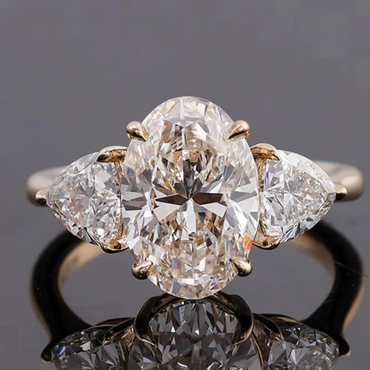 China Produce Custom Fine Jewelry 14K Gold 2.5CT Oval Cut Handmade Inlay Moissanite Ring 3 Stone  Engagement Ring Wedding Ring